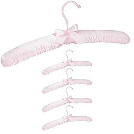 Relaxdays Kleiderbügel Satin, 5er Pack, weich gepolstert, 360° drehbarer Haken, dekorative Schleife, 38 cm breit, rosa, 10026615_1236