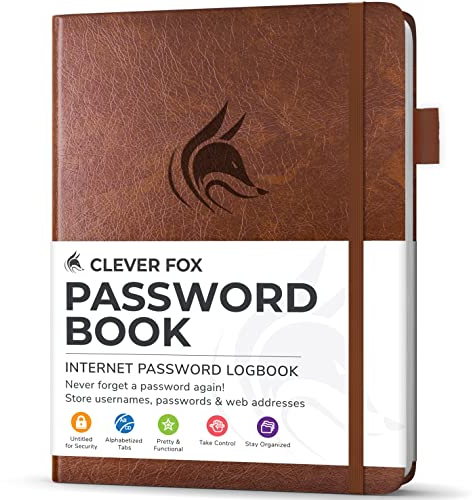 Clever Fox Passwortbuch mit Registerkarten - Adress- und Passwort-Organisationsbuch mit alphabetischen Registerkarten - Kleines Passwortbuch für Computer- und Website-Logins, Braun
