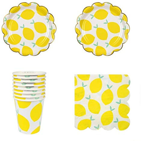 Ulalaza 32 Pcs Assiettes en Papier Jetables Tasses et Serviettes Set Fournitures De Fête Kit Vaisselle pour Mariage Anniversaire Baby Shower