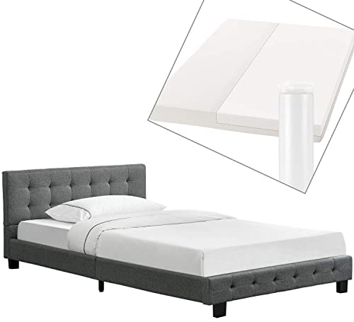 Juskys Polsterbett Manresa 120x200 cm mit Lattenrost, Matratze, Kopfteil mit Zier-Steppung & Stoff Bezug - Bett Bettgestell für Erwachsene & Jugendliche - Grau