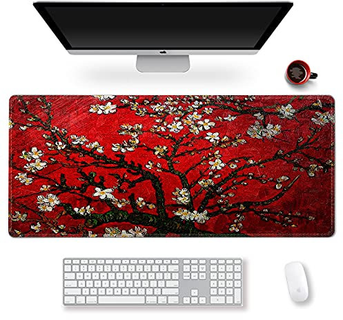 ArtSo Grand tapis de souris XXL pour gamer,Tapis de souris long,Décoration de bureau,Base en caoutchouc antidérapante,Bords cousus,Pour le travail, les jeux,89.2x40.9 cm,Peinture Van Gogh rouge
