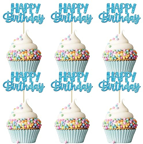 Gyufise 24 Pcs Happy Birthday Cupcake Toppers Blue Glitter Cake Picks for Celebrating Party Decorations