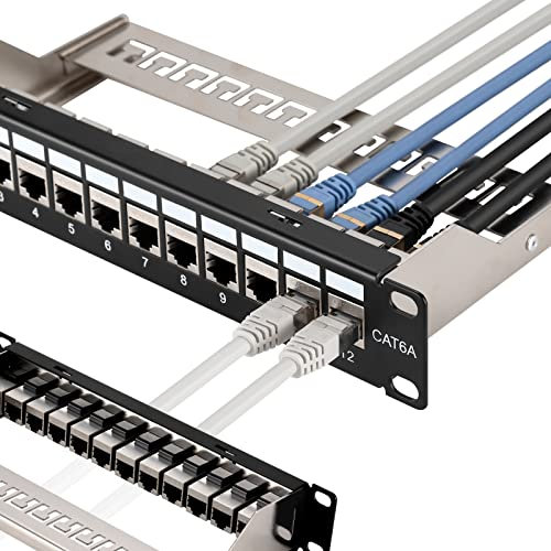 Rapink Mini 12 Port Cat6A Patch Panel with Inline Keystone 10G Support, Shielded 10-Inch with Removable Back Bar, 1U Network Patch Panel for Cat7, Cat6, Cat6A, Cat5e