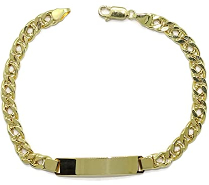 Pulsera para hombre o cadete de oro amarillo de 18k con placa 100% personalizable, de 20.50cm de larga y cierre mosquetón para máxima seguridad. Peso: 8.05gr de oro 18k.