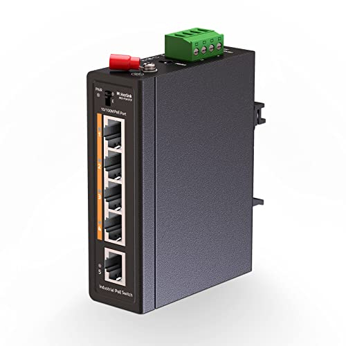 mokerlink Switch Industriale per Guida DIN a 5 Porte Poe+, 4 Porte Poe+ IEEE802.3af/at, 1 uplink, Fast Ethernet 10/100Mbps, Guida DIN e Montaggio a Parete Inclusi