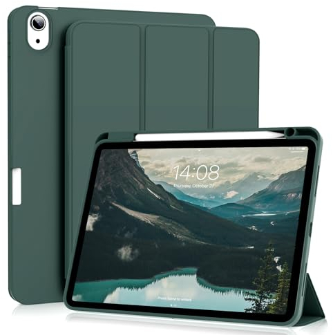 ZOYU Hülle für iPad Air 7./6. 11 Zoll 2025 M3 2024 M2/ iPad Air 5 4 (2022/2020 10,9 Zoll) mit Stifthalter, Weich TPU Schutzhülle Auto Schlafen/Wachen, Unterstützt Pencil Pro/USB-C, Dunkelgrün