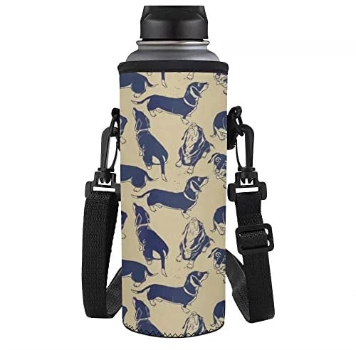 NETILGEN Vintage Dachshund Dog Print Portable Water Bottle Carrier Insulated Water Cup Holder Bag 750ML Neoprene for Gym Travel Camping Shoulder Strap Bottles Cover 24oz