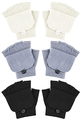SATINIOR 3 Paar Winter Fingerlose Handschuhe für Kinder Warme Handschuhe mit Klappe Halbfinger Fäustlinge (Schwarz, Weiß, Grau)