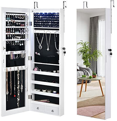 RELAX4LIFE Armoire à Bijoux au Mur ou à Suspendre avec LED Automatique Grand Miroir sans Cadre Porte Verrouillable Verlours Doux 2 Clé 2 Tirroirs 4 Étagères, Armoire de Rangement 36x10x108cm (Blanc)