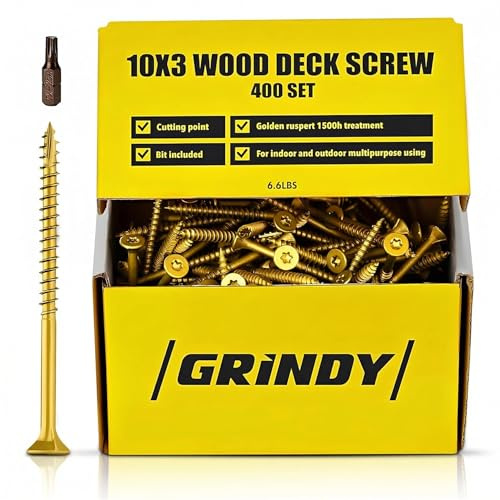 #10 x 3 Wood Screws by Grindy (400pack/6.6LBS) – DIY Deck Screws for Cabinet, Furniture & Other Projects – 1500H Golden Ruspert Treatment – for Indoor & Outdoor Use