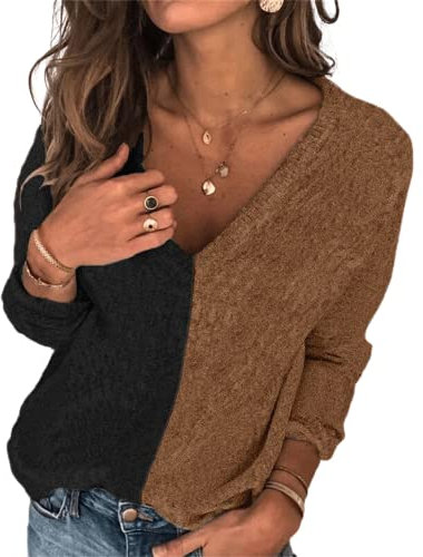 HEYPORK Damen Herbst Winter Warm Bequem Pullover Casual Mode Strickjacke Strickpullover Frauen Pullover Patchwork Rundhals Mode Persönlichkeit Stricken Pullover(Kaffee, M)