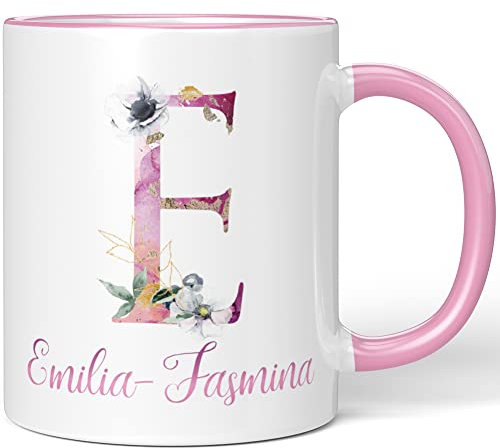 JUNIWORDS Tasse, Emilia-Jasmina, Name Anfangsbuchstabe Initial Alphabet Floral Buchstabe E Monogramm Motiv, Rosa (5506490)