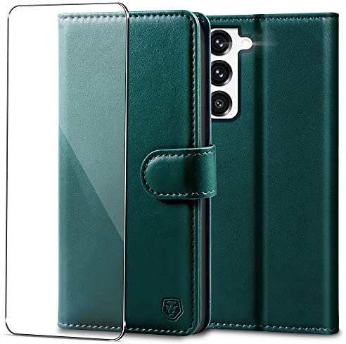Kuafcase Handyhülle für Samsung Galaxy S23 Hülle mit Panzer Glas | Premium PU Leder Hülle, Kartenfächern, Standfunktion, Klapp-Geldbörse, RFID Schutzhülle, Stoßfest, Grün