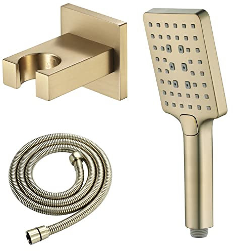 Yalsfowe Duschkopf Gold gebürstet, Hochdruck-Handbrause 3 Modi, Regenduschkopf mit 1,5 m Schlauch und Halterung, wassersparender Duschkopf, Badezimmer-Handbrause