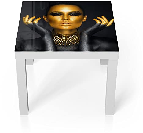 DEQORI Glastisch | weiß klein 55x55 cm | Motiv Glamouröses Modell | ausgefallener Beistelltisch aus Glas | Hochglanz Couchtisch fürs Wohnzimmer | moderner Couch Tisch mit Design