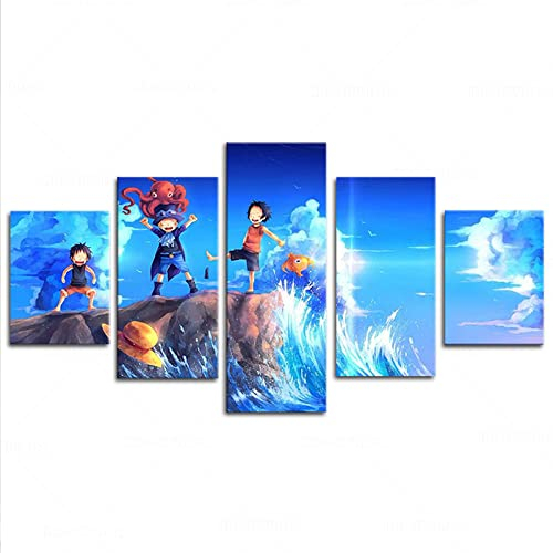 VEYEBZ 5 Stück Leinwandgemälde Wandkunst One Piece,Luffy Sabo Ace HD Bild 5 Teiliges Leinwand Drucke 100×50cm Mit Rahmen Modulare Wandmalerei Abstraktes Poster Zimmer Dekoration Geschenk