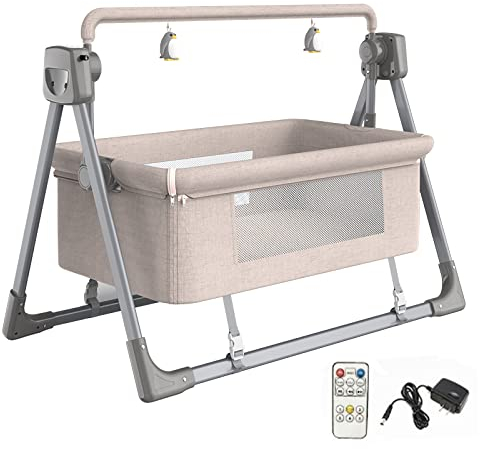 Bueuwe Portable Electric Baby Cradle Baby Swing Crib, 5-gear Microwave Adjustable Rocking Cribs,Foldable Bedside Bassinet with Music and Timing for Infant Newborn,khaki