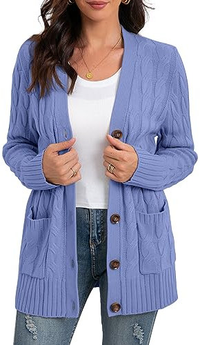 GRECERELLE Women's Knit Long Cardigans Jumpers Cardigan with Pockets with Buttons Ladies Loose Long Sleeve Knitwear Oversized Sweater Cardigan for Autumn Winter Spring (Light Blue, XL)