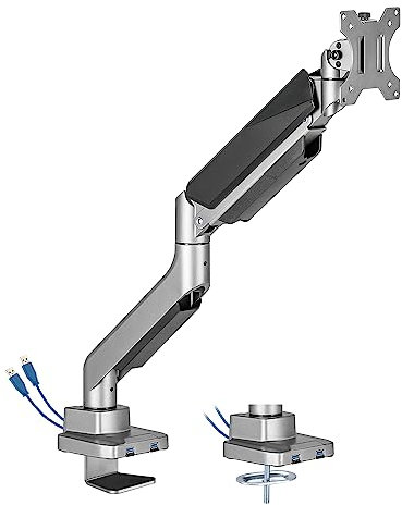 HATAIM Gas Spring Screen Mount, Fits Flat/Curved Screen 17” to 49”, Vesa Mount 75&100, 18kg Load Monitor Arm, 360° Adjustable Monitor Stand, 180° Stop Lock, Cable Management, USB Ports, Quick Install