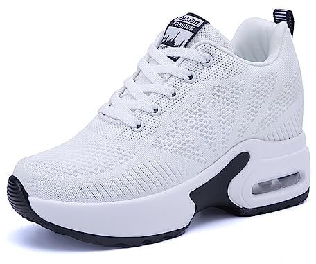 JAOOUU Damen Sneaker mit Keilabsatz 8cm Bequeme Wedge Sportschuhe Atmungsaktive Mesh Laufschuhe Leichte Freizeit Turnschuhe für Damen Weiß 34 EU