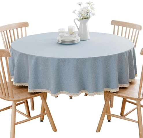 BHOMTY Runde Tischdecke aus Baumwollleinen, geeignet für Esstische, Kaffeetische, maschinenwaschbar, Hellblau, Durchmesser 220 cm