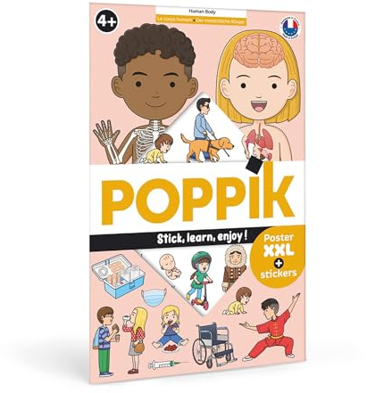 POPPIK 1841222 Sticker-Poster, Menschlicher Körper, interaktives Lernposter mit ablösbaren Aufklebern, mehrsprachiges Wissensposter, für Kinder ab 4 Jahren, 68 x 100 cm