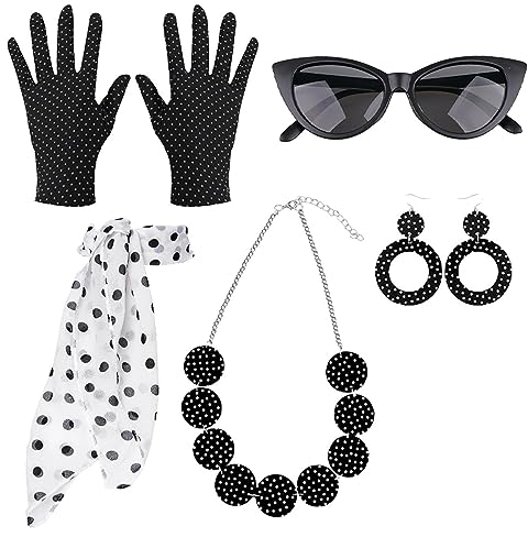 TINAYAUE 5 Stück 50er Jahre Damen Kleidung Accessoires Set Kopftuch Brille Ohrringe Halskette Handschuhe Polka Dot Vintage Zubehör Set für Karneval, Themenpartys, Retro-Partys, Rollenspiele