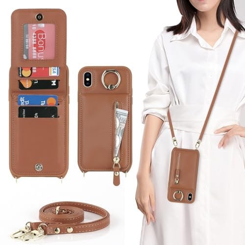 Zouzt for iPhone X/XS Case with Cord and Card Holde, Zipper Wallet Case with Crossbody Lanyard Ring Adjustable Necklace Protective Cover Women for iPhone X/XS 5.8 Inch - Brown
