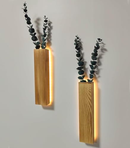 HanYun Lot de 2 vases muraux en bois avec lumières LED pour plantes d'intérieur - Eucalyptus artificiel - Faux pots muraux pour salon, salle de bain - Décoration murale - Plantes vertes