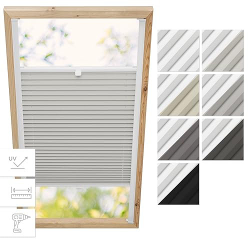 Estika Dachfenster Verdunkelung, Thermo Plisseerollo mit Bohren für Fakro Fenster - Modell: 55/78 - Stofffarbe: Blackout Hellbeige-Weiß - Dachfenster Rollo, Fensterrollo innen, Fenster plissee