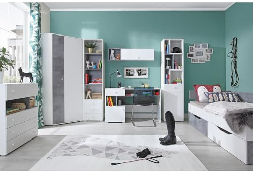 Lomadox Jugendzimmer Set 7-teilig mit Kommode, Eckkleiderschrank, 2 Regalschränke, Wandregal, Schreibtisch, Jugendbett in Beton und weiß modern