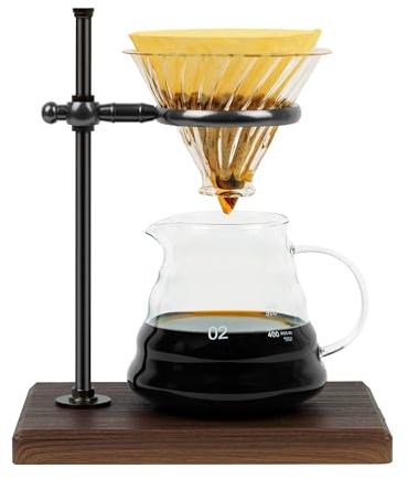 L'ÉPICÉA Pour Over Kaffeemaschine Set, Pour Over Kaffeemaschine mit Ständer, Verstellbarer Edelstahlständer, Holzsockel, Papierfilter, Kegel Glaskaraffe, Pour Over Coffee Dripper (Schwarz)