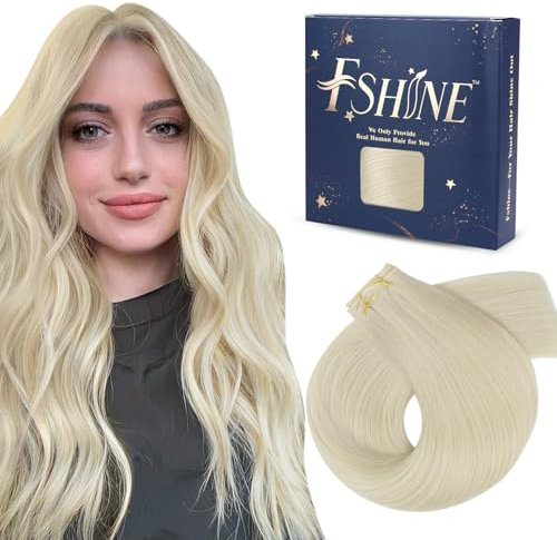 Fshine Tressen Echthaar Blond, Echthaar Tressen zum Einnähen Weißblond 45cm Genius Tressen Extensions Echthaar 50g Haarverlängerung Echthaar Tressen Farbe 1000