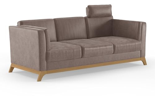 Cavadore 3er-Sofa Vida / 3-Sitzer Couch im trendigen Design mit massivem Holzrahmen in Eiche, Kopfstütze mit Kuschelkissen / 213 x 84 x 93 / Mikrofaser, Hellbraun