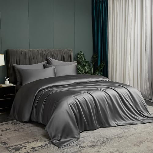 DXHOME Bambus Bettwäsche 135x200cm 4teilig Grau Dunkelgrau Uni Glatt Luxus Sommerbettwäsche Bambusfaser Deckenbezug Atmungsaktiv Kühlende Bettbezüge mit Reißverschluss und 2 Kissenbezüge 80×80cm