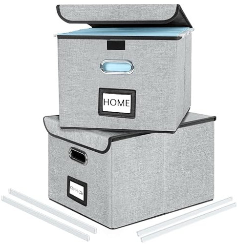 FINEW Faltbare Aufbewahrungsbox mit Deckel, Stilvolle Aufbewahrungsbox in Leinenoptik, 38.5 × 33 × 3 Cm für Büroaufbewahrungsbox, Faltbox für Den Hausgebrauch (Grau) 2 pack