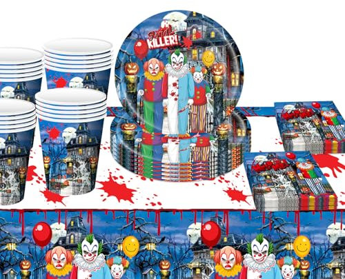 41Pcs Scary Party Tableware Decorations, Plastic Table Cloth, Paper Cups Napkins Plates Cartoon Table Cover Dinnerware for Halloween Party Supplies