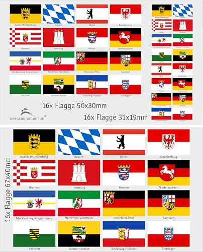 beihaasnatuerlich Wappen Aufkleber Set Deutschland BUNDESLÄNDER - 48 Sticker Länderfahnen 2 Bögen - UV beständig - wasserfest - Größe 5 x 3 cm - für Modellbau, Koffer, Dekoration