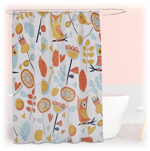 Relaxdays Duschvorhang mit Eulen, Bad Vorhang 180x200, Anti-Schimmel, waschbar, 12 Ringe, Badewannenvorhang, Mehrfarbig