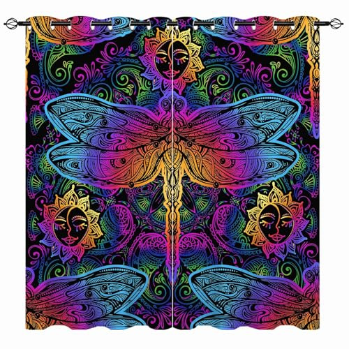 YUANZU Rideaux avec Motif Mandala Arabe Indien Japonais et Libellules - Imprimé Paisley Opaques Isolants Thermiques avec Œillets pour Chambre et Salon - 2 Panneaux L60 x H120cm