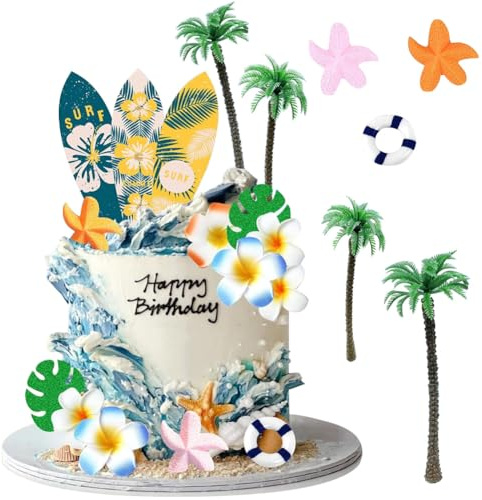 MEZHEN Hawaii Tortendeko Strand Kuchen Deko Blumen Torte Deko Geburtstag Cake Topper Kuchendekoration Palmblätter Kuchendeko Tropical Picknick Kuchen Topper Hawaiisch Thema Geburtstag Hochzeit