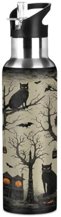 600ml Stainless Steel Sports Water Bottle with Leakproof Straw, BPA Free Thermal Flask for Gym & Outdoor, 10-Hour Insulated 304 Steel Drinkware with Halloween Black Cat Printed Design