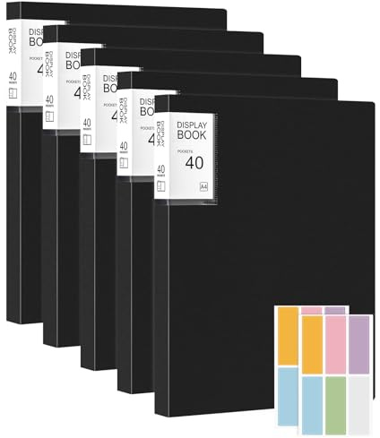 Thboxes A4 Presentation Folders, 5 Pcs Total 200 Pockets with Stickers | Waterproof Plastic Sleeves and Pockets Display Folders Document Project Folder for School and Offices