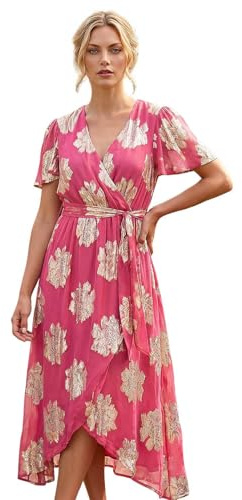 Roman Originals Wrap Dress for Women UK Ladies Swing Skater Fit & Flare A Line Tea Stretch Knee Length V-Neck Holiday Summer Smart Casual Work Party Evening - Pink Jacquard - Size 16
