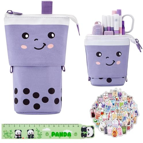 Feegela 2-in-1 Schlampermäppchen und Stifteköcher,Teleskopisch Mäppchen,Pop-Up Bleistifthalter,GroßE KapazitäT MäPpchen mit Cartoon Kuscheltie und Sticker,für Büro Schule,Junge und Mädchen (Lila)