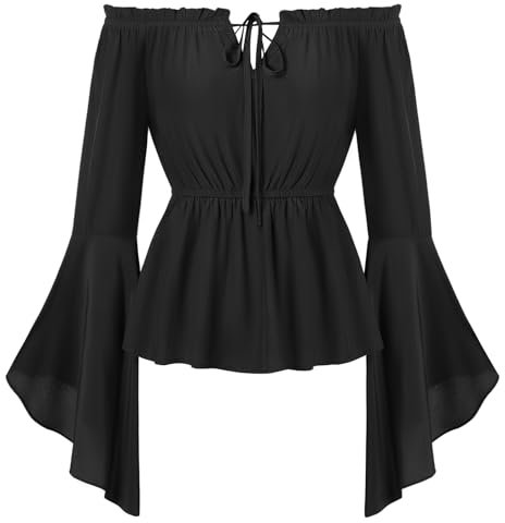 Women Renaissance Tops Bell Long Sleeve Black Gotic Blouse for Halloween Cosplay Party Tops M