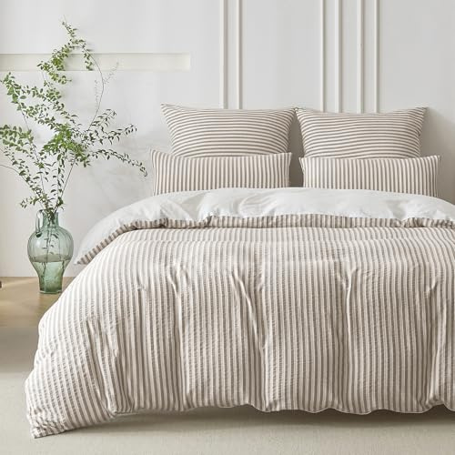 SOULFUL Bettwäsche 220x240 Baumwolle Gestreift Jacquard Oeko-TEX Braun | Gewaschene Baumwolle Boho Bettwäsche-Sets mit Reißverschluss Atmungsaktiv Enthält 1 Bettbezug 220x240 und 2 Kissenbezug 80x80