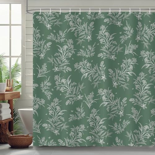 COZZSNUGE Duschvorhang 180 x 180 cm Blumen, Grün Blätter Pflanzen Boho Duschvorhänge Anti-schimmel Wasserdicht Polyester Stoff Badvorhang mit 12 Duschvorhangringen