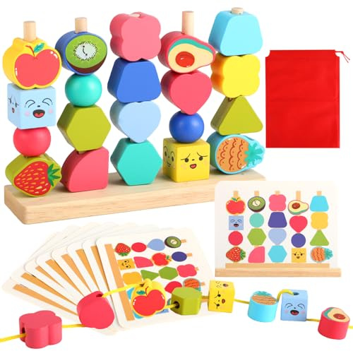 Kievano Juguete Montessori 2 Años – 4-en-1 con Perlas de Frutas, Apilables y Clasificación – Juegos Educativos para Niños 2-4 Años con Motricidad y Coordinación – Regalo Cumpleaños y Navidad