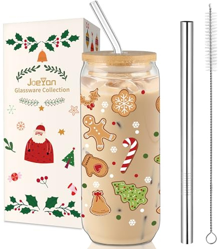 Joeyan 600ml Weihnachtsgläser,Weihnachten Lebkuchenmann Trinkgläser mit Deckel und Strohhalm,Weihnachtsbecher für Matcha Eiskaffee Smoothie Bier,Schöne Weihnachtsgeschenke für Frauen,Kinder,Kollegen